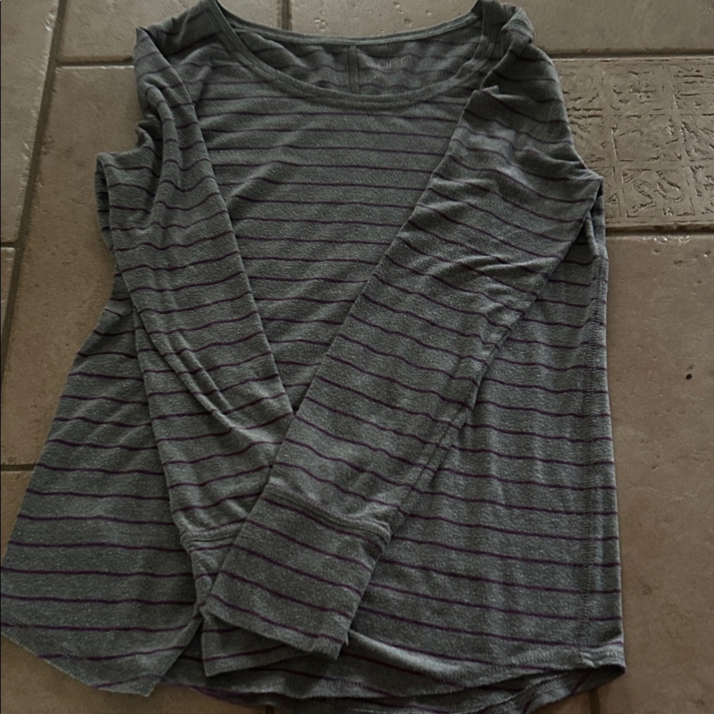 LOFT Gray and Purple Striped Long Sleeve Top